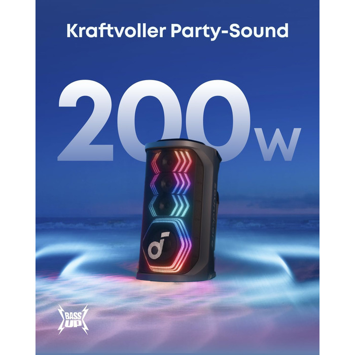 Soundcore PartyBox Rave 3S – портативна колонка з мікрофонами, 200 Вт, Bluetooth, світлодіодна підсвітка, AuraCast, 12 годин роботи, для дому та вулиці
