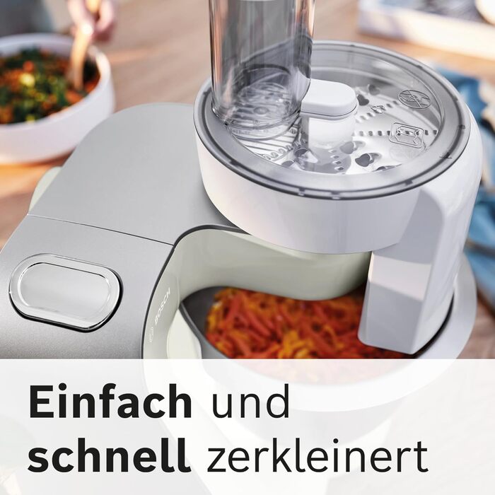 Кухонний комбайн Bosch Serie 4 MUM58L20, 1000 Вт, чаша 3,9 л, міксер 1,25 л, планетарне змішування, насадки з нержавіючої сталі, шинкувальна насадка, 3 диски, сірий/сріблястий