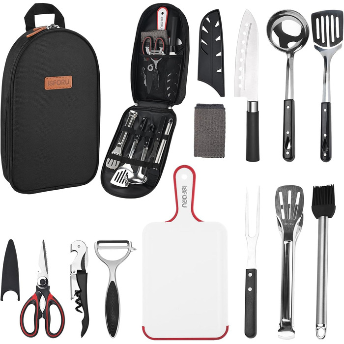 Набір кухонного приладдя для кемпінгу ISFORU 12шт: сковорода, ніж, лопатка, щипці, шумовка, дошки для нарізання. Чорний колір. Ідеально для пікніків, подорожей та походів