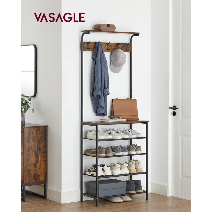 VASAGLE Coat Rack, Clothes Rack, Shoe Shelf, Wardrobe with 5 Double Hooks, 5 Shelves, One Top Shelf, for Apartments, Bedrooms, Hallways, Industrial Design, Vintage Brown-Black HSR408B01 (31.5 x 68 x 183.5 cm)