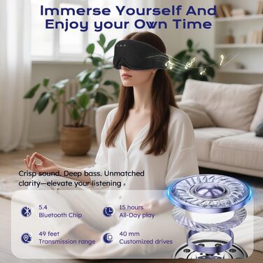 Маска для сну з навушниками Bluetooth LC-dolida 3D, повна блокада світла, чорний колір