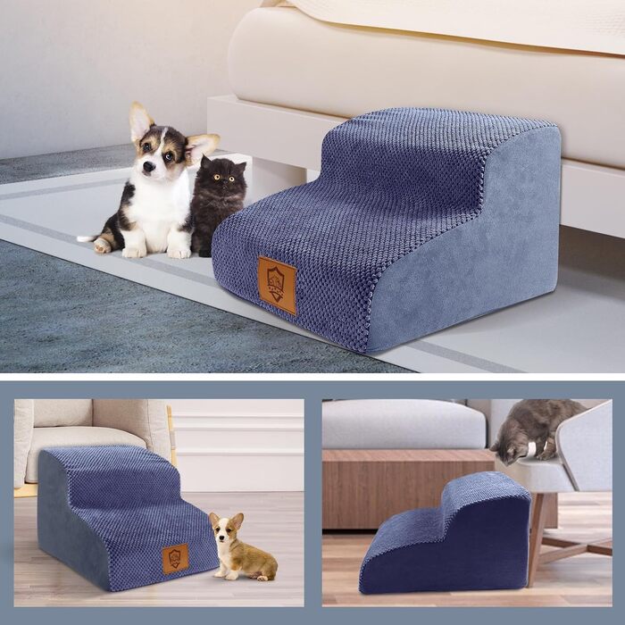 Сходинки для собак: 2-ступенева рамка для маленьких собак з високощільної піни, знімні та портативні. Підходять для дивану, ліжка та авто. Нековзна підставка, блакитний колір