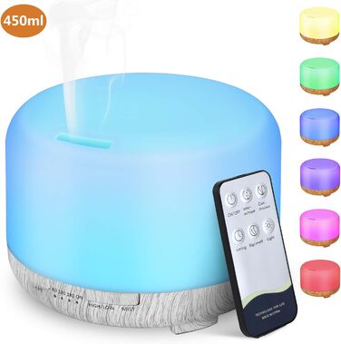 Аромадифузор Hianjoo 450мл з таймером, ультразвуковий, 7 кольорів LED, з пультом ДУ, для спа/офісу/йоги - білий
