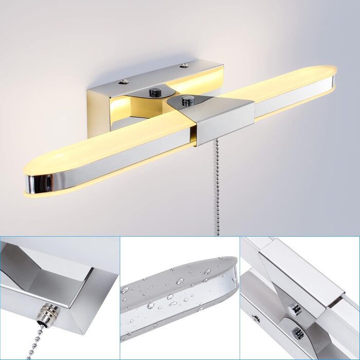 MantoLite LED Bathroom Wall Light with Pull Cord, 40CM Picture Display Lamp Mirror Lighting Wall Sconce for Hotel Restaurant Modern Reading Lamps, 8W 3000K Stainless Steel Acrylic Lighting