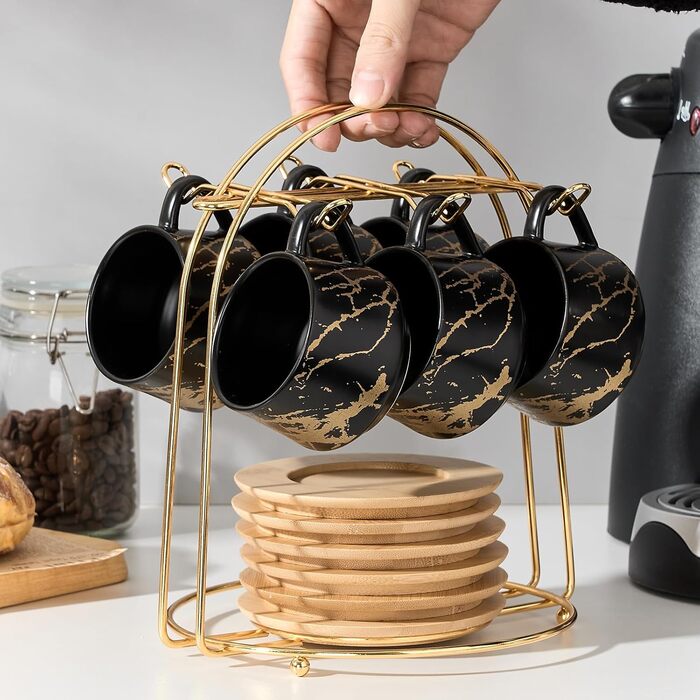 Набір кавових чашок з блюдцями LUKA, 6 шт., 118 мл, порцеляна, для еспресо, лате, кави, мокко, чаю, смугастий дизайн, білий та чорний колір