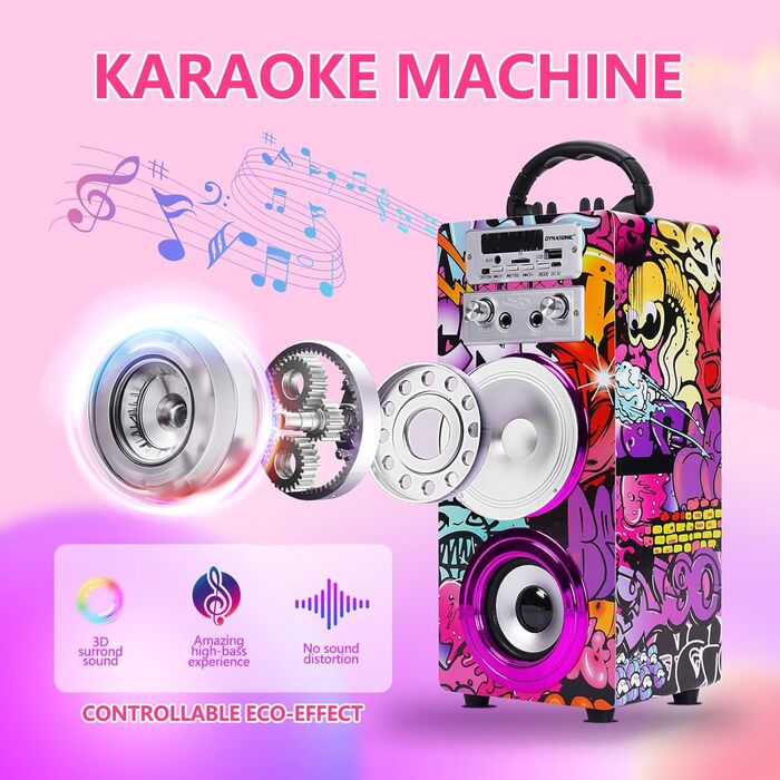 Караоке DYNASONIC з 2 мікрофонами, портативна караоке-машина, Bluetooth-колонки, USB та SD-картрідер, світлові ефекти, подарунок для дітей 5-13 років (025-12 Licht)