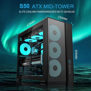 Ігровий корпус для ПК SAMA S50 Airflow, 4 ARGB PWM вентилятори, USB Type-C, Mesh-панель, чорний