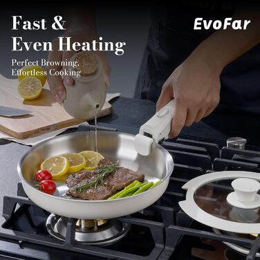 Набір посуду з нержавіючої сталі 14 предметів: сковорода 24 см, каструлі 18/20 см, знімні ручки, керамічне покриття, підходить для всіх плит, білий