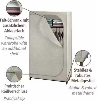 WENKO Wardrobe Model Balance with Shelf and Clothes Rail, Fabric Wardrobe for Dust-Free Storage of Textiles, Metal Frame, Breathable Non-Woven Material, 90x160x50 cm, Taupe