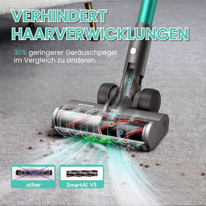 Бездротовий акумуляторний пилосос SmartAI V5 з автоматичним режимом, 55Kpa, 600W, 80 хвилин роботи, для килимів, шерсті тварин та твердих поверхонь