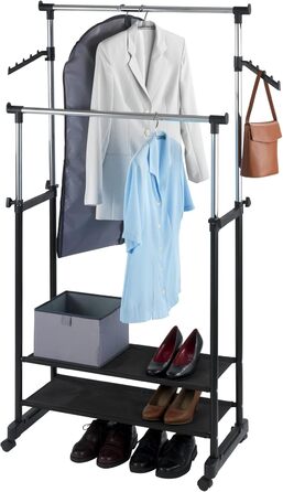WENKO Clothes Rack Folding, Clothes Storage with Adjustable Clothes Rail and Wheels, Plastic/Metal, 88 x 100-168 x 11-49 cm, Chrome/Grey (169 x 43 x 89.5 cm)