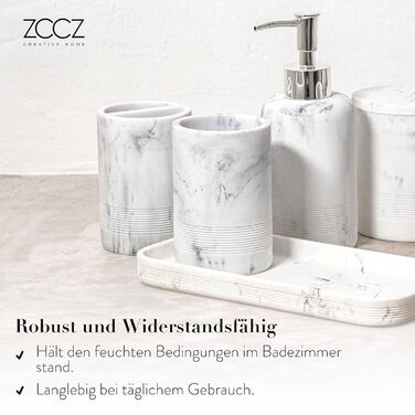 Набір для ванної кімнати ZCCZ – 6 предметів: органайзер для зубних щіток, дозатор мила, миска для косметики та ватних паличок. Елегантний декор з ефектом мармуру, білий колір для стильного оформлення ванної кімнати