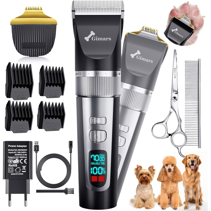 Гімарс 3 в 1: професійна машинка для стрижки собак та котів з 4-ма насадками, 7000 обертів/хв, для густого хутра, тиха, бездротова, срібна