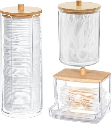 Набір з 3 ватпадносховища, контейнер для ватних паличок – практичне зберігання ватних дисків та паличок у ванній кімнаті. З бамбуковим кришками, економія місця та захист від пилу.