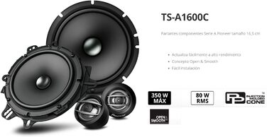 Автомобільна акустика Pioneer TS-A1600C 16,5 см, 2-смугові компонентні динаміки, 350 Вт, потужний звук, високий ККД, монтаж 59 мм, з решіткою