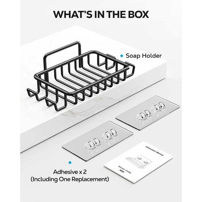 Тримач для мила з нержавіючої сталі з 4 гачками та зливом, самоклеючий, для душу та ванної кімнати (Чорний)