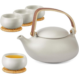 ZENS Modern Japanese Teapot, 800ml Matte White Ceramic Teapot with Infuser, Wooden Handle Small Japanese Teapot for Loose Leaf Tea, White Tea, Green Tea Steeper, Gift for Tea Lovers (10-grey Tea Service-4 Cups)