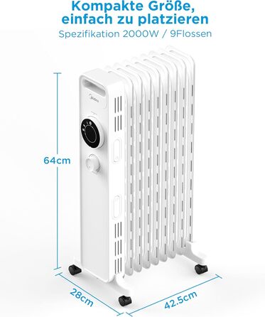 Масляний радіатор Midea NY2009-22M 2000Вт, 9 секцій, економний, тихий, електрообігрівач з термостатом, 3 режими, захист від перегріву та перекидання, ECO-режим, швидкий нагрів, портативний, білий