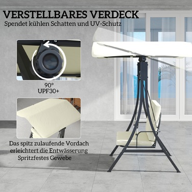 Outsunny Hollywood Swing with Adjustable Sun Canopy and Seat Cushion, Protective Cover, 2-Seater Garden Swing, Weight Capacity up to 220kg, UV 30+ Swing Bench for Garden, Patio, 150x120x182cm, Cream White | Aosom