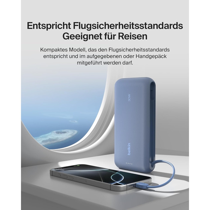 Зовнішній акумулятор Belkin BoostCharge 20K PD 30W з вбудованим кабелем USB-C, Power Bank для iPhone 16, iPad Pro, Samsung Galaxy S25, синій