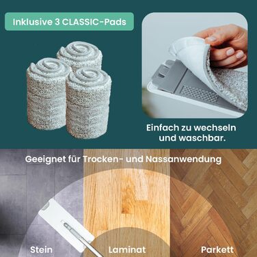 Набір для прибирання підлоги WONDERHOME TripleClean Hydro: відро з 3 камерами, розділення чистої і брудної води, моп із віджимом, класична модель з подовженою 140 см ручкою