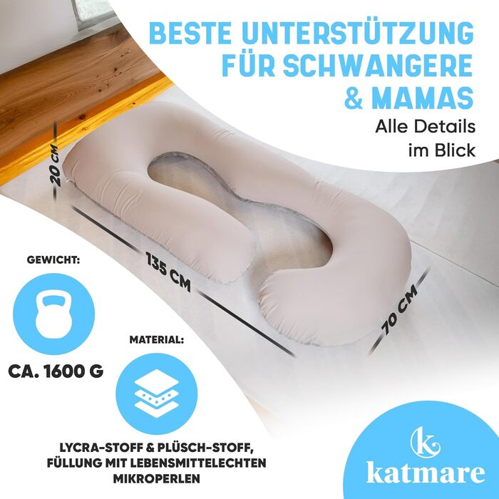 Подушка для сну на бік Katmare - вагітна подушка, подушка для годування, Body Pillow XXL з мікроперлин, знімний чохол, двостороння (зима/літо)