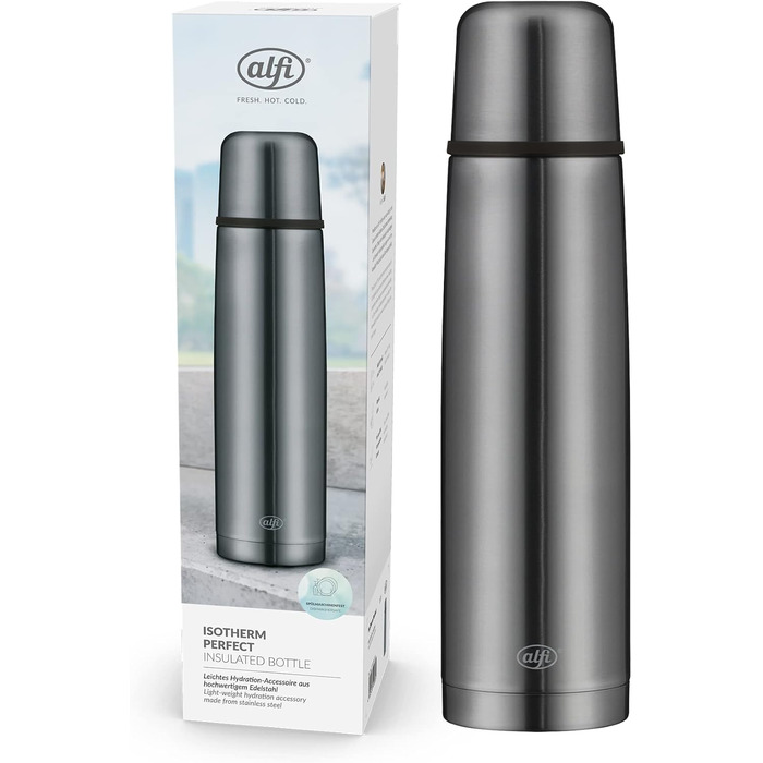 alfi ISOTHERM PERFECT AV 1.0L, cool grey matte, stainless steel insulated bottle with drinking cup, absolutely leak-proof with automatic closure, detachable, keeps drinks warm for 12 hours, fingerprint-resistant, BPA-free