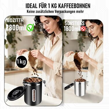 Герметичний контейнер для кави 1 кг: нержавіюча сталь, вікно, датчик дати, мірна ложка 30 мл, CO₂-вентиль, для кавових зерен, чаю, цукру