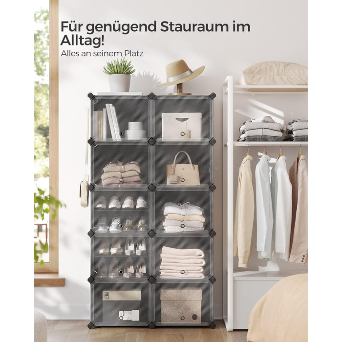 SONGMICS 10-Tier Shoe Rack, Shoe Cabinet, 30 x 40 x 30 cm per compartment, narrow, with doors, steel frame, plastic, for hallway, bedroom, entrance area, black LPC035B01