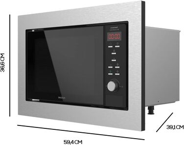 Мікрохвильова піч Cecotec GrandHeat 2350 вбудована, 23 літри, 900 Вт, 6 рівнів потужності, 9 функцій, таймер, сталевий колір