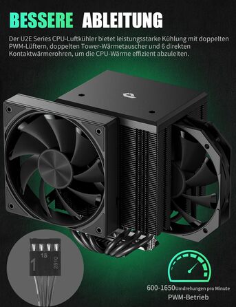 upHere Система охолодження CPU Dual Tower з 6 теплових трубок, 2 x 120мм вентилятори PWM, сумісна з AMD AM4 AM5/Intel 2011/2066 (X79/X99), для ПК, UE2K6