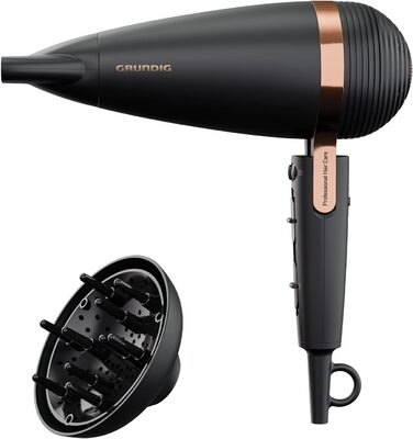 Фен GRUNDIG Naturashine HD 8080 з іонізацією, 2 насадки, 2300 Вт, 3 температурні та 2 режими повітряного потоку, холодна функція, датчик Smart On/Off, 3 м кабель, чорний / рожеве золото