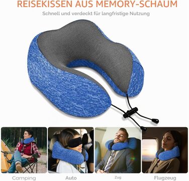 Подушка для подорожей під шию з ефектом пам'яті (Memory Foam) для літака та авто, синя, з 3D-маскою для сну та берушами