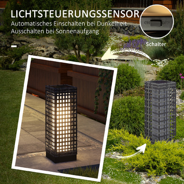 Outsunny Solar Lantern Rattan Solar Lamp Waterproof Path Light with Light Sensor Automatic LED Garden Lamp Outdoor Light for Balcony Steel Grey