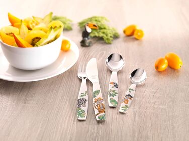 Набір дитячого посуду Zwilling Kinderbesteck Set, 4-частини, з тисненням зображень тварин, для дітей від 3 років, нержавіюча сталь 18/10, упаковка без пластику (Jungle Bunt)