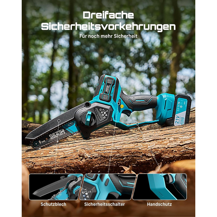 SEESII Безщіткова міні-пилка 6 дюймів, ручна акумуляторна пилка з 2 * 4000 mAh акумуляторами, одноручна акумуляторна пилка з автоматичним змащенням, сумісна з акумулятором Makita 18V, електрична пилка для дерева, гілок 6 дюймів безщіткова (6+8 дюймів безщ