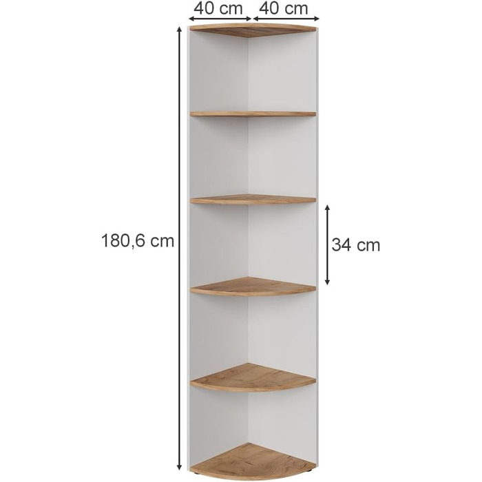 Vicco Corner Shelf Ecki, Bookshelf, White/Goldkraft Oak, 30 x 60 cm (White/Goldkraft Oak, 180x40 cm)