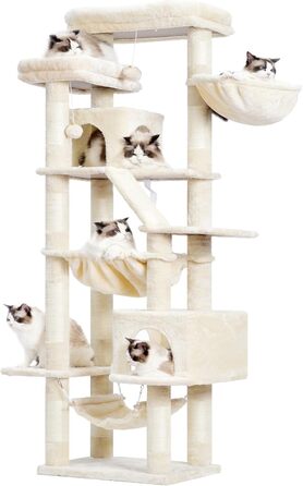 Кігтеточка-кітчечка Heybly HCT034W, 180 см, бежева: 2 платформи, 2 будиночки, 2 гамаки, кошик, кігтедряпання