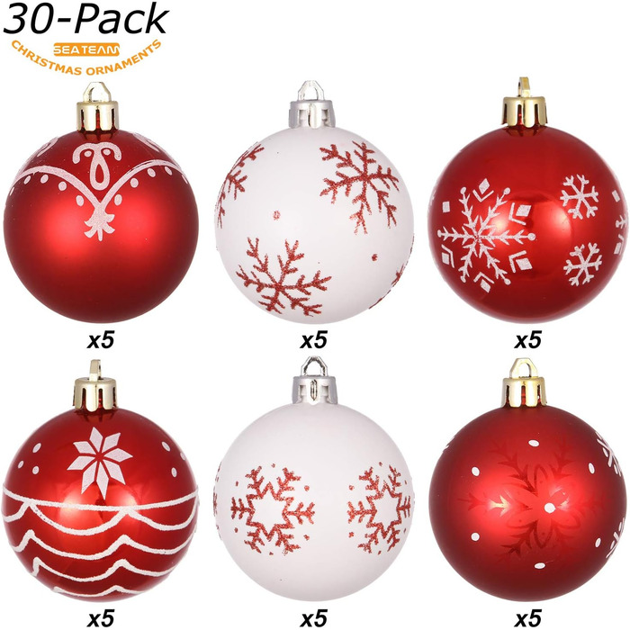 Набір прикрас для ялинки Sea Team: кульки та орнаменти, 60 мм, червоний та білий, 30 шт.