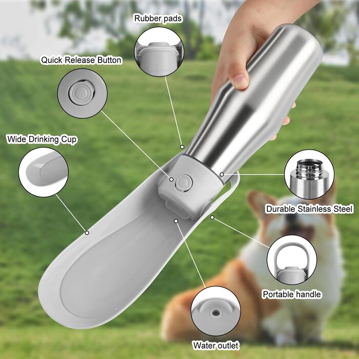 Водяна пляшка для собак на прогулянці 750 мл - витоки неможливі, нержавіюча сталь, подвійні стінки, ізольована, сірий колір