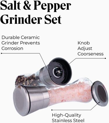 Набір для перцю та солі Willow & Everett з нержавіючої сталі - 2 великі ручні млини з регульованим жорном, без наповнювача, з підставкою
