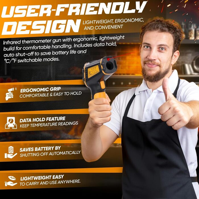 Інфрачервоний термометр пістолет -50 ℃ ~ 600 ℃ Безконтактний цифровий лазерний термометр для приготування їжі, піци, духовки, холодильника, продуктів харчування, ремонту автомобілів, морозильника, солодощів