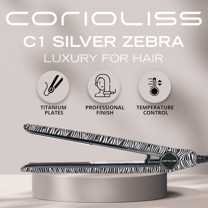 Плойка для волосся Corioliss C1 | Випрямляч з титановими пластинами для тонкого волосся | Професійний інструмент з регулюванням температури (Zebra Silver Soft Touch)