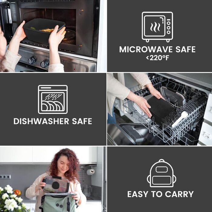 Ланчбокс Bugucat 2000 мл, чорний: герметичний, з відділеннями, для дорослих та дітей, з виделкою, для школи та пікніків