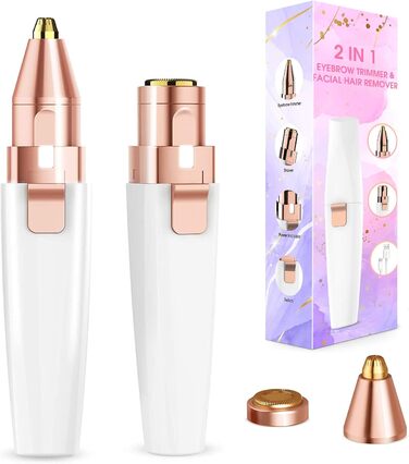 Електричний тример для брів та обличчя 2-в-1 з LED-підсвічуванням для жінок, безболісне видалення волосся, для брів, губ, підборіддя, білий