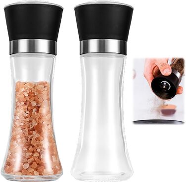 Набір з 2 шт. мельниць для перцю та солі, регульована ступінь помелу, керамічний механізм, прозоре скло та нержавіюча сталь, підходить для перцю, солі та чилі