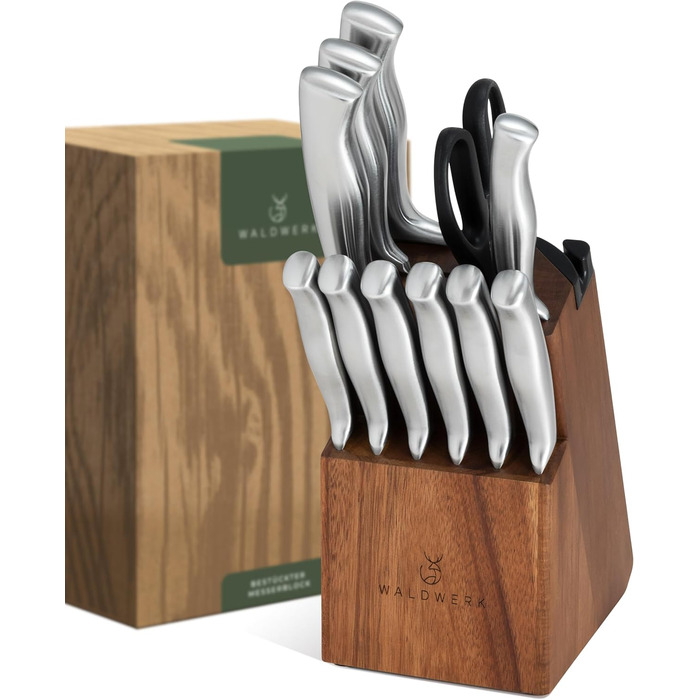 Waldwerk 7-Piece Knife Set with Block & Sharpener - Acacia Wood Block Set - Premium Kitchen Knife Set