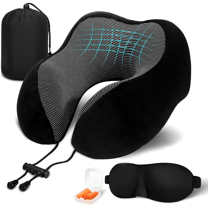 Подушка для шиї в літак, поїздки: Memory Foam, регульована, компактна, ергономічна, м'яка, дихаюча з навушниками, маскою для сну, чохлом (Чорний)