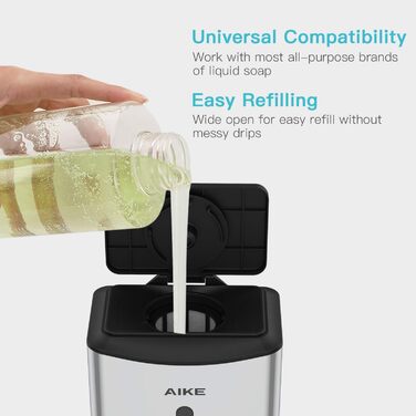 AIKE Automatic Stainless Steel Soap Dispenser, 1100ml - Commercial Wall Mount Soap Dispenser with Window, AK1206 Brushed Stainless Steel