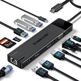 Док-станція USB-C хаб 13-в-1 з підтримкою 2 моніторів 4K HDMI, VGA, Ethernet, USB 3.0/2.0, PD 100W, SD/TF, AUX для Windows/Mac/Dell/HP